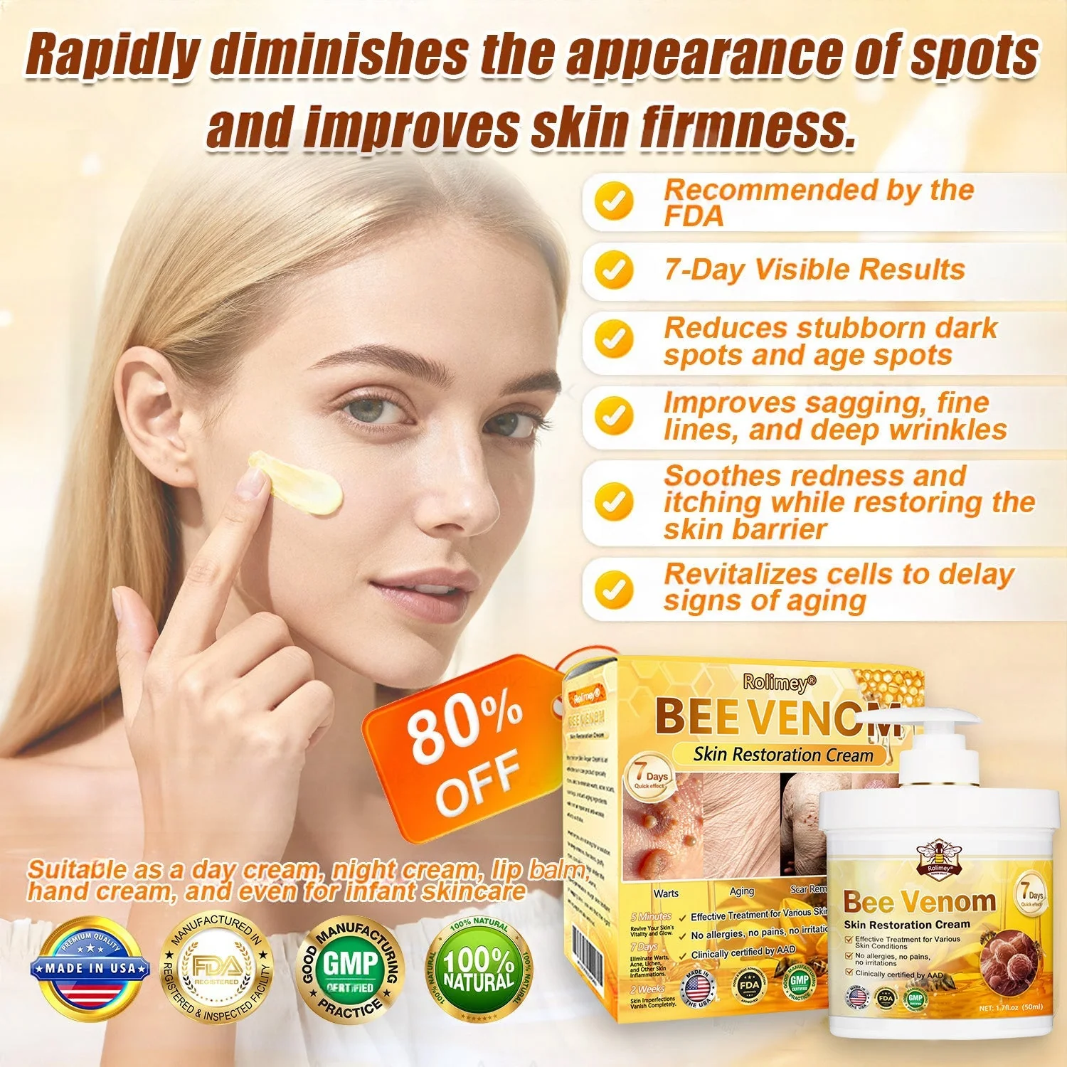 FDA Approved|Rolimey® Bee Venom Skin Restoration Cream (Anti-aging, Hydrating, Skin Repair, Even Tone, Acne and Dark Spot Treatment, Wart and Mole Removal, Psoriasis Relief) - Image 2